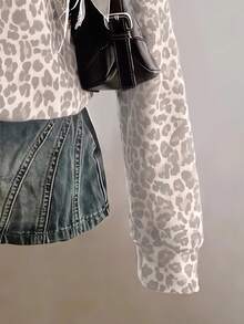 SHEIN EZwear 經典豹紋半拉鍊女款運動衫，水洗白與灰色，秋季休閒街頭風，適合多種場合，Y2K復古風，返校季秋冬上衣 - 彩色 - 查看 4