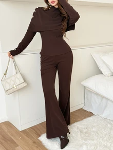 Feyla Women's Solid Color Fashion High Neck Long Sleeve Top And Slim Fit Pants Two Pieces Set - Brown - View 6