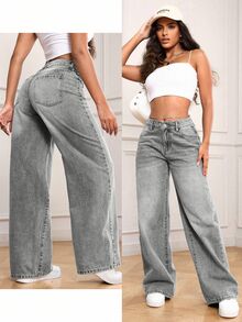 SHEIN PETITE 女款休閒時尚鈕扣口袋牛仔褲 日常穿著 - 灰色 - 查看 5