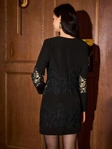 MOTF PREMIUM WOMEN'S AUTUMN/WINTER SHORT LACE EMBROIDERED PATCHWORK MINI DRESS - Black - View 3