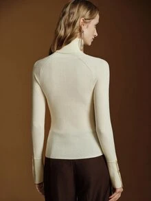 Anewsta Essential Women's Autumn/Winter Raglan Sleeve Ruched Neck Knit Top, Vertical Ribbed Elastic Slim Fit Cuff Button-Up Split Hem Long Sleeve Base Layer - Apricot - View 8