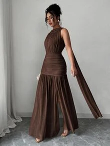 Elenzga 女款長洋裝，肩帶設計、綁繩細節與開衩 - 棕色 - 查看 7
