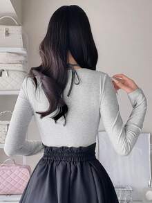 FRIFUL Women's Lace Patchwork Casual Daily T-Shirt - Grey - View 3