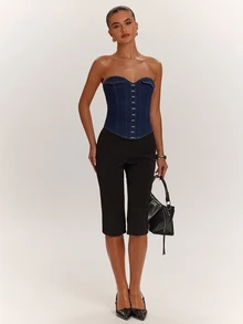 SHEIN BAE Women's Denim Bandeau Sleeveless Asymmetrical Hem Bustier - Blue - View 3