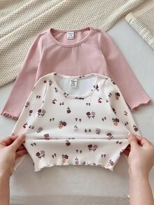 SHEIN 女嬰2件套：長袖花卉與純色上衣，適合秋冬穿著 - 彩色 - 查看 5