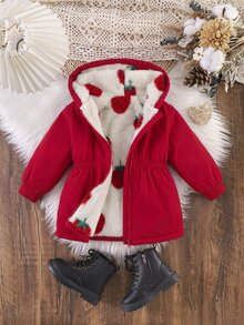 SHEIN 嬰兒可愛休閒秋冬百搭草莓圖案保暖內裡連帽外套 - 紅色 - 查看 7