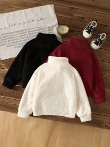 SHEIN 女童 3 件組 純色立領半拉鍊抓絨短版連帽衫套裝，雙面抓絨，秋冬款 - 彩色 - 查看 2