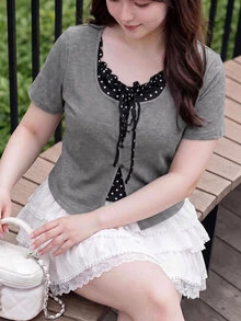 Bijouette Zanying Summer Plus Size Black And White Casual Elegant Sexy 2 In 1 Top Contrast Color Frill Trim Patchwork Polka Dot Inner Design Birthday - Grey - View 9