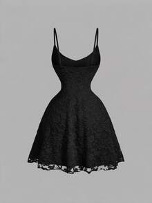 SHEIN MOD 女款黑色蕾絲罩衫與黑色蕾絲細肩帶迷你裙性感甜美兩件套 - 黑色 - 查看 8