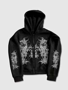 ROMWE MEN Street Life Men's Casual Printed Zip-Up Long Sleeve Hoodie - Black - View 1