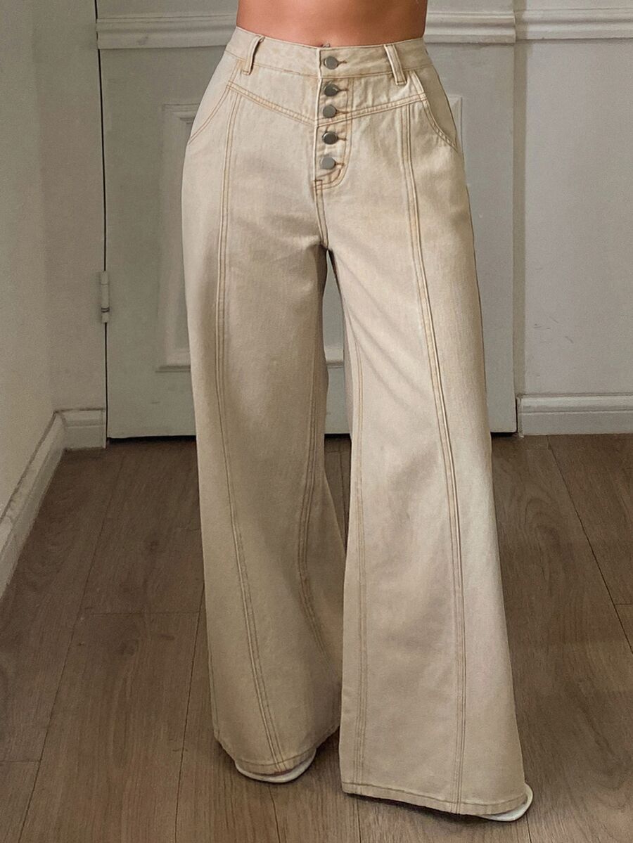 Dazy Plus Plus Size High Waist Button Fly Contrast Stitch Loose Wide Leg Denim Jeans - Apricot - View 1