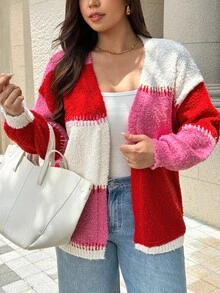 Easura Áo len khoác ngoài dáng rộng phối màu patchwork cổ chữ V tôn dáng thu gọn cho người size lớn, đa năng - Nhiều màu - Xem 5