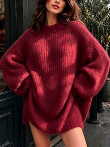 Balvessa 女款素色優雅百搭長袖針織衫街頭風 - 酒紅色 - 查看 3