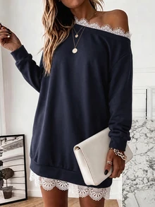 Holdful Holdful Women's Lace Patchwork Cold Shoulder Long Sleeve Mini Dress - Navy Blue - View 1