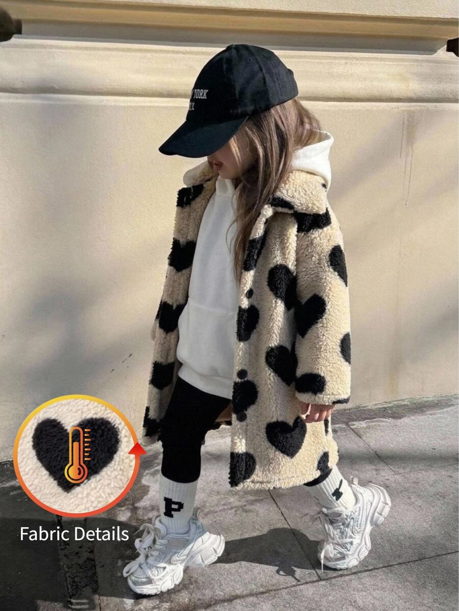 LMoss Kids Young Girl Knitted Faux Fur Heart Pattern Casual Long Coat,Heart Pattern; Warm; Suitable For Autumn And Winter. - Black and White - View 1