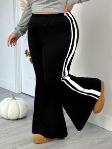 SHEIN CURVE+ Quần ống loe ôm dáng dệt kim gân màu đen cho nữ size lớn, thu đông - màu đen - Xem 5
