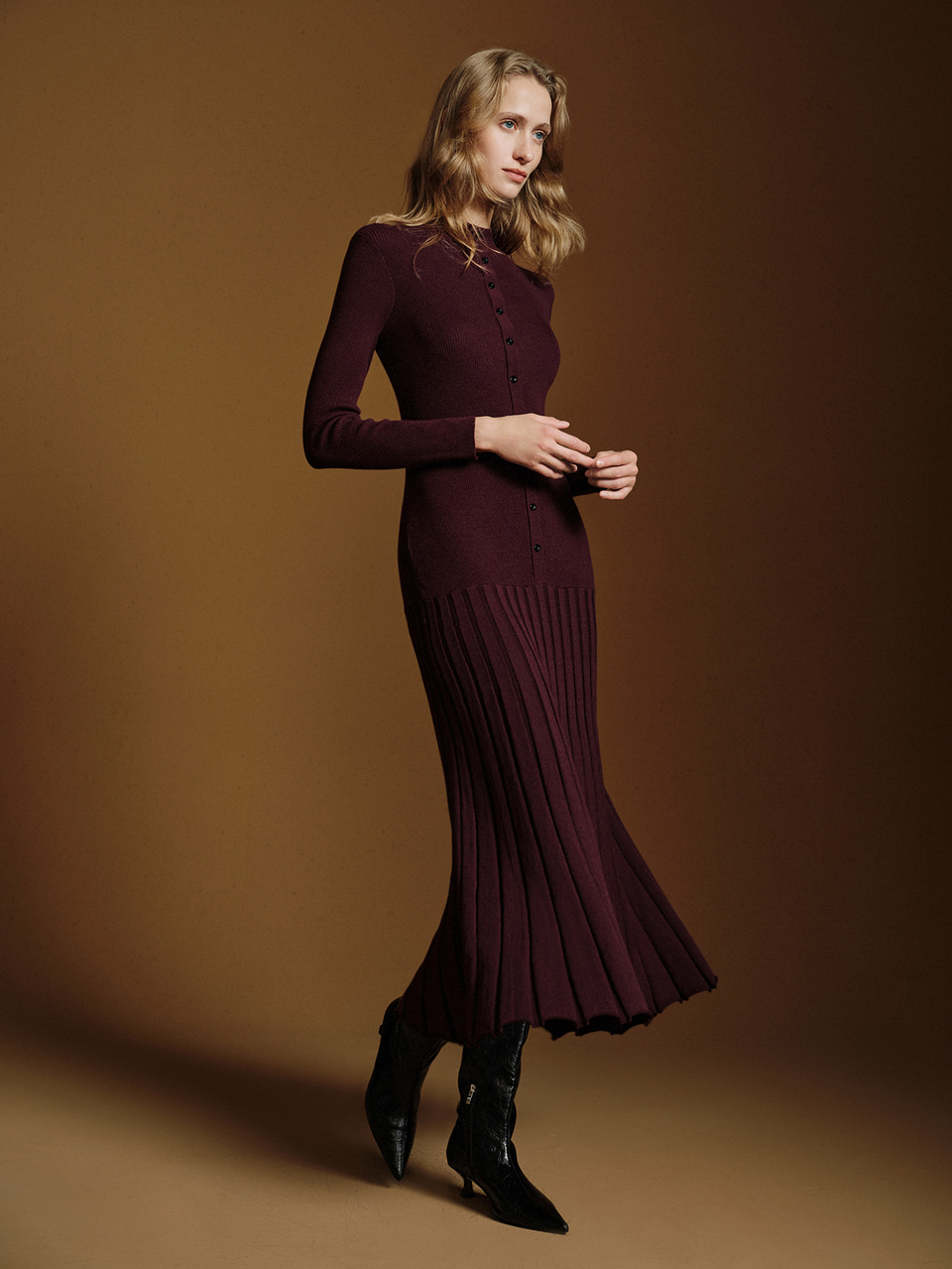 Anewsta Essential Women's High-Neck, Front-Button Ribbed Knit Dress, Slim Fit, Long Sleeves, Pleated Hem, Mid-Length Sweater Dress