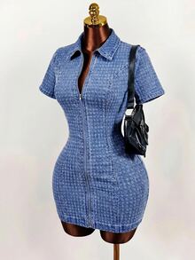 Slaydiva Plus Size Women's Collared Short Sleeve Zipper Denim Mini Dress - Blue - View 4