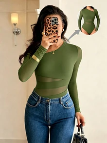 Rafferiza 優雅修身性感不對稱領口網紗拼接長袖黑色連身衣 秋冬女款連身衣 - 軍綠色 - 查看 1