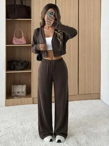SHEIN EZwear Women's Solid Color Casual Button Long Sleeve Top And Drawstring Waist Pants Set - Brown - View 5