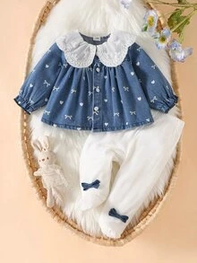 SHEIN 3件組女嬰新生兒上衣打底褲套裝，甜美優雅藍白蕾絲蝴蝶結愛心設計，長袖彼得潘領，休閒款，適合假日、秋季、婚禮賓客穿著，時尚風格 - 藍色 - 查看 3