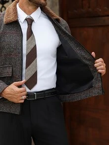 Manfinity Homme 男士成熟休閒格紋短夾克，假期禮物首選 - 棕色 - 查看 7