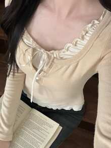 DAZY Patchwork Contrast Color Faux Two Pieces Fitted Long Sleeve Ruched Tie Casual Vacation Korean Style Girl Spring Autumn Women T-Shirt - Apricot - View 3