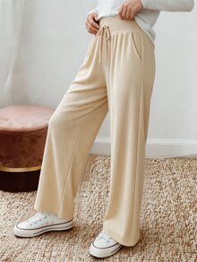 Holdful Holdful Women's Shirred Waist Ribbed Casual Long Pants For Home Wear - Apricot - View 6