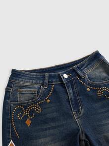 ROMWE Hippie Women's Jeans With Pattern Suede Patchwork, Rivet Decoration And Furry Waistband, Autumn/Winter - Blue - View 5