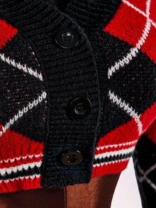 Amplova Women's Knitted Sexy Avant-Garde Plaid Collar Campus Style Outfit Suitable For Back To School Season - Red - View 7
