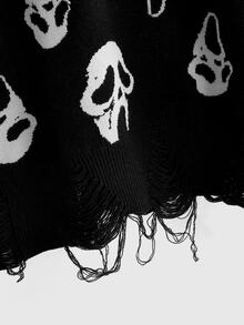 ROMWE Dark Gothic Skull Moth Plant Jacquard Loose Pullover Sweater Plus Size - Black - View 4