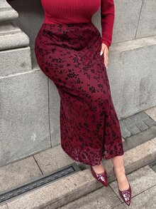 SHEIN EZwear 大尺碼女款酒紅色花卉印花優雅長裙 秋季 - 酒紅色 - 查看 5