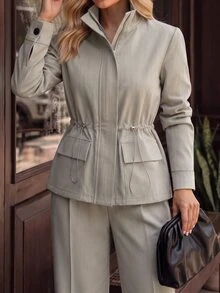 SHEIN LUNE CURVE Plus Size Women's Casual Minimalist Long Sleeve Turtleneck Jacket, Suitable For Commuting, Office, Teacher's Day, Workplace, Party, And Outing Wear - Light Grey - View 4
