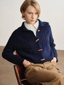 Briarwyn Autumn/Winter New Long Sleeve Turn-Down Collar Horseshoe Button Cardigan Sweater, Versatile Commuter Style, Youthful - Navy Blue - View 6
