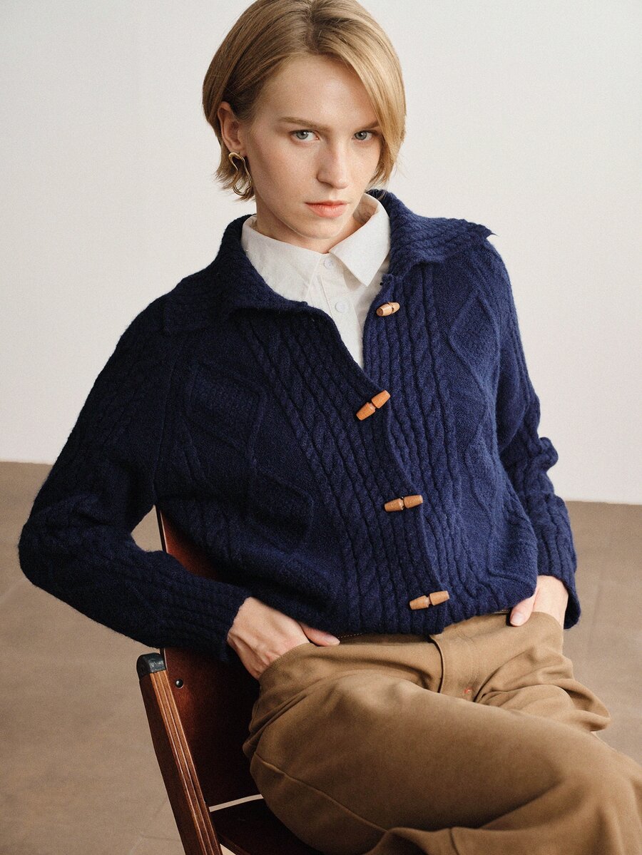Briarwyn Autumn/Winter New Long Sleeve Turn-Down Collar Horseshoe Button Cardigan Sweater, Versatile Commuter Style, Youthful - Navy Blue - View 1