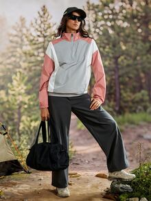 Exploreva Women's Outdoor Contrast Color Zipper Half Placket Long Sleeve Regular Jacket - Coral Pink - View 7