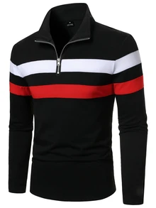 Manfinity Homme 男士條紋拼接對比色拉鍊半開襟 Polo 衫 - 彩色 - 查看 3
