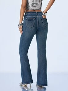 Y2Kool Women's Sexy Fashion Webbing Button Flared Jeans - Navy Blue - View 2