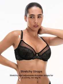 LUVLETTE Soft Woman Lingerie Lounge Curve Sheer Full Coverage Underwire Sexy Unlined Minimizer Sequined Glam Floral Lace Elegance & Mesh Intimates Black Bra - Black - View 3