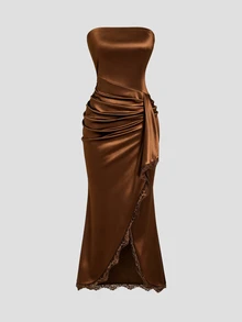 Sweetra Y2K Sexy Strapless Asymmetrical Hem Patchwork Lace Elegant Party Dress - Coffee Brown - View 3