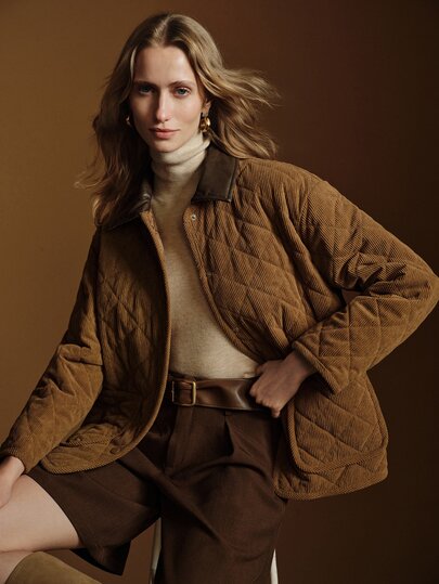 Anewsta Essential Nuevo abrigo acolchado de pana marrón vintage para mujer de invierno, abrigo acolchado ligero de patchwork holgado para ir al trabajo