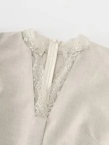 Balvessa Women's Short Dress, Lace Patchwork Long Sleeve Dress, Office Commute Dress, Casual Solid Color Short Dress - Apricot - View 4