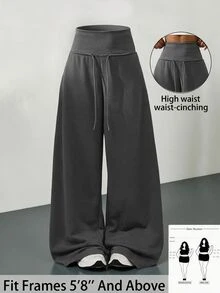SHEIN Tall CURVE 大尺碼高腰灰色針織抓絨抽繩寬鬆運動褲，適合冬季畢業季、返校季、畢業典禮、教師穿搭等場合，秋季女款寬腿舒適運動長褲 - 深灰色 - 查看 1