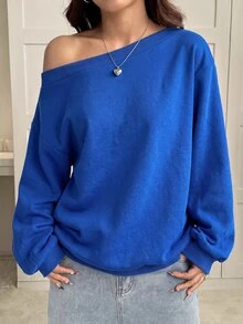 SHEIN EZwear 秋冬款皇家藍保暖內裡寬鬆不對稱肩設計女款運動衫 - 寶藍色 - 查看 6