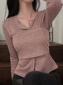 DAZY Solid Color Fitted Long Sleeve Cardigan & Short Camisole Casual Vacation Korean Style Daily Spring Autumn Women's 2 Pieces Set - Pink - View 4