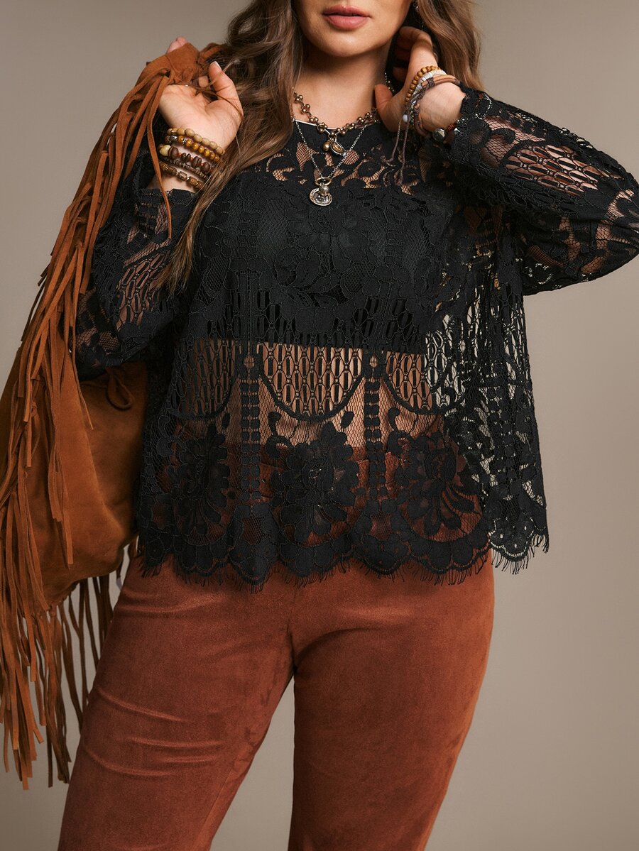 Freevana Plus Size Women Fashion Party Lace Long Sleeve Blouse - Black - View 1