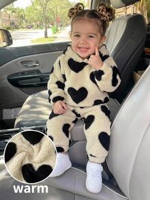 LMoss Kids Baby Girl Knitted Heart Pattern Faux Fur Hooded Long Pants Casual Sweatshirt Set 2 Pieces - Black and White - View 1