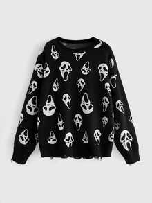 ROMWE Dark Gothic Skull Moth Plant Jacquard Loose Pullover Sweater Plus Size - Black - View 1