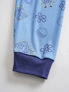 SpongeBob SquarePants | SHEIN 大童男孩卡通印花短袖上衣與長褲休閒日常居家睡衣套裝 - 藍色 - 查看 7