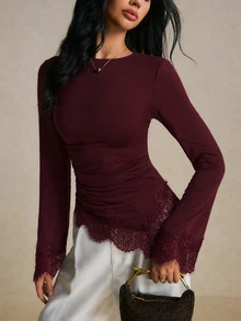 Poéselle Eyelash Lace Trim Ruched Tee - Burgundy - View 7
